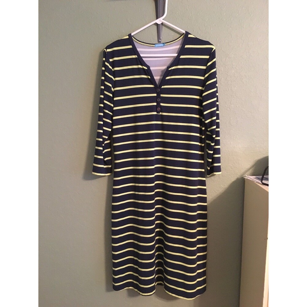 J. Mclaughlin Navy/Lime Striped Stretch 3/4 Sleeve Sheath Dress Size L